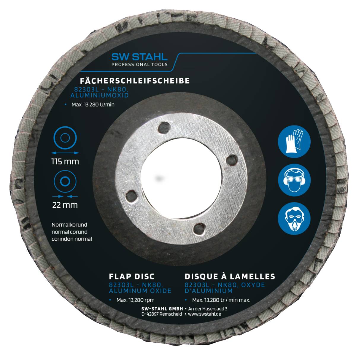 SW-Stahl Fächerschleifscheibe, Aluminiumoxid, 115 mm, NK80, 10 Stück
