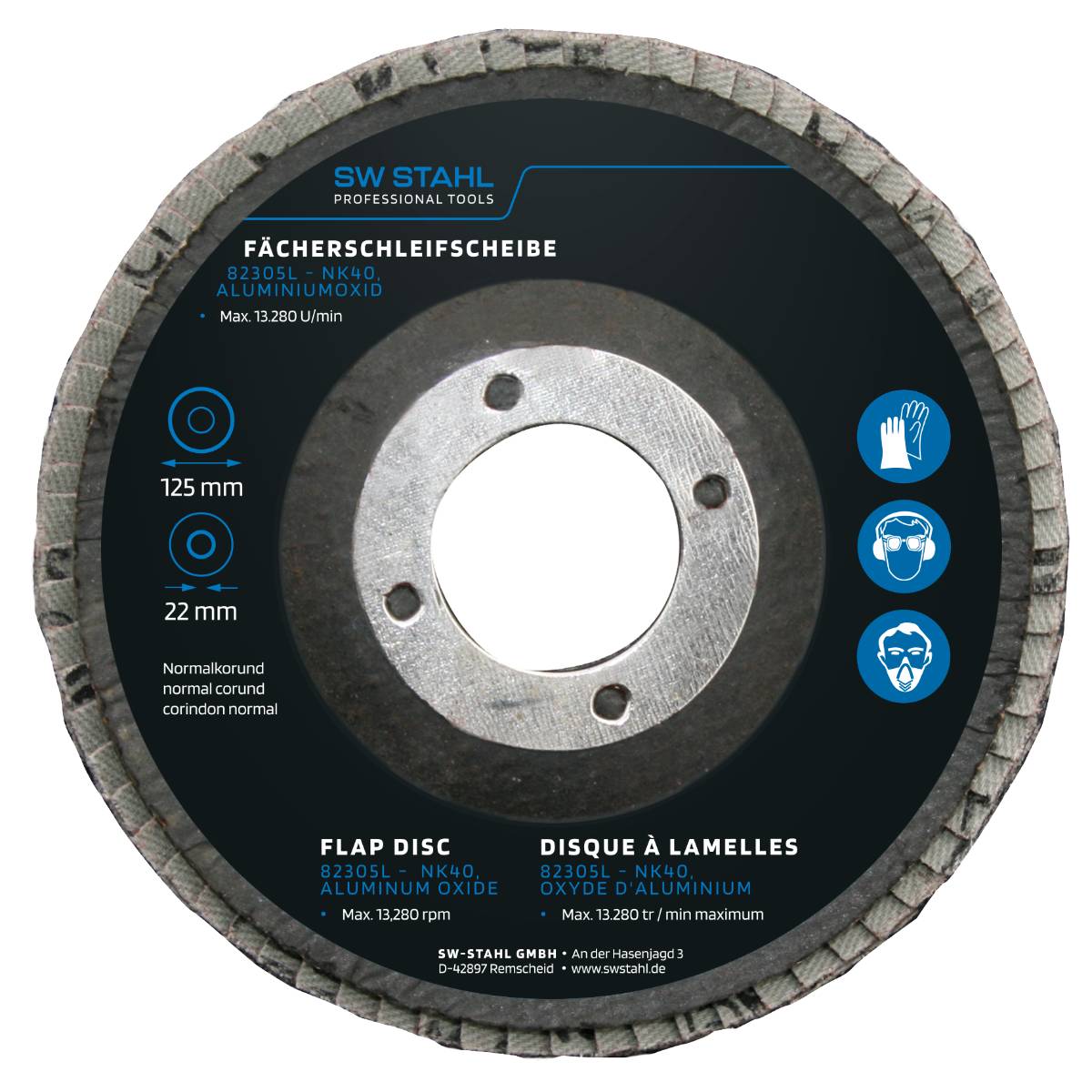 SW-Stahl Fächerschleifscheibe, Aluminiumoxid, 125 mm, NK40, 10 Stück