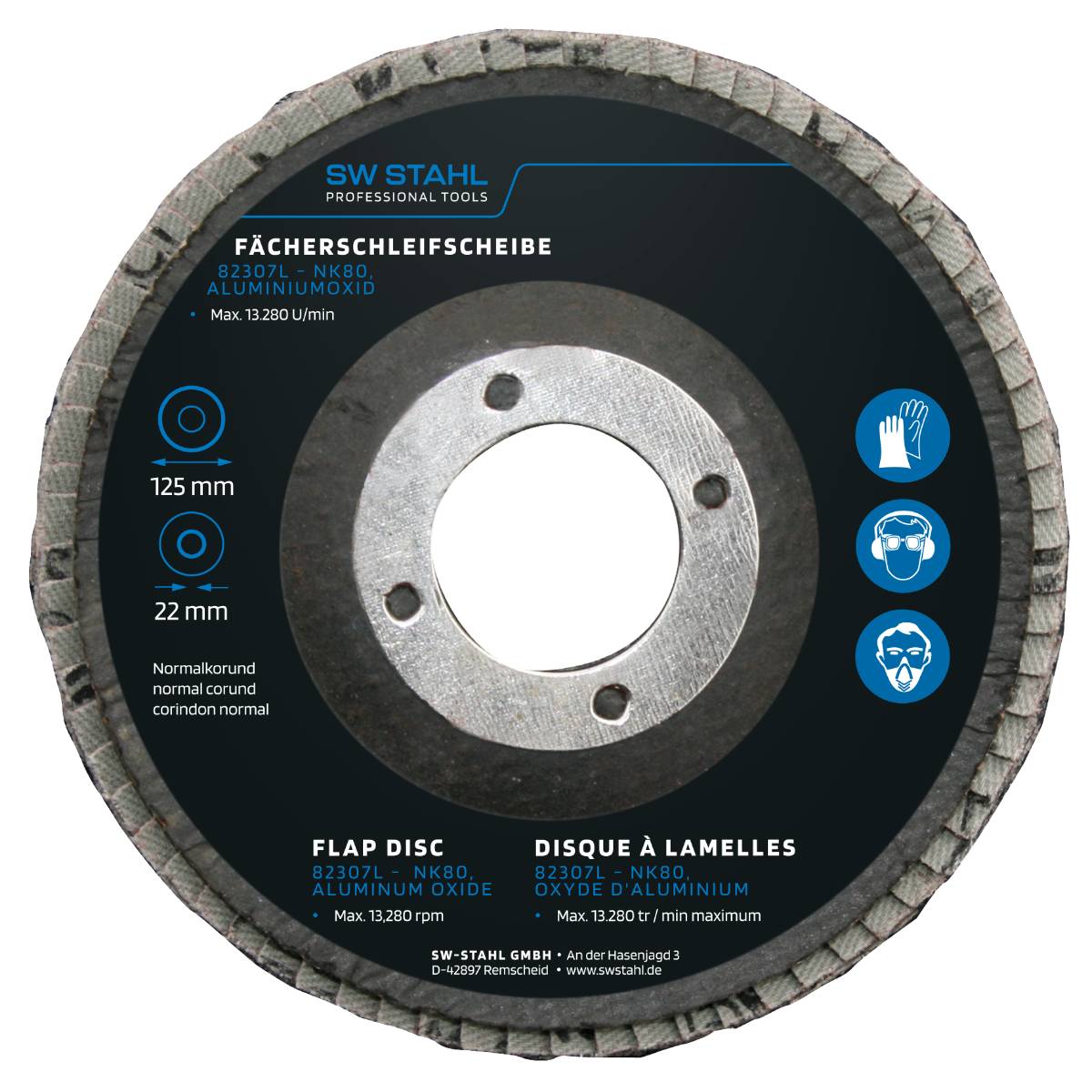 SW-Stahl Fächerschleifscheibe, Aluminiumoxid, 125 mm, NK80, 10 Stück