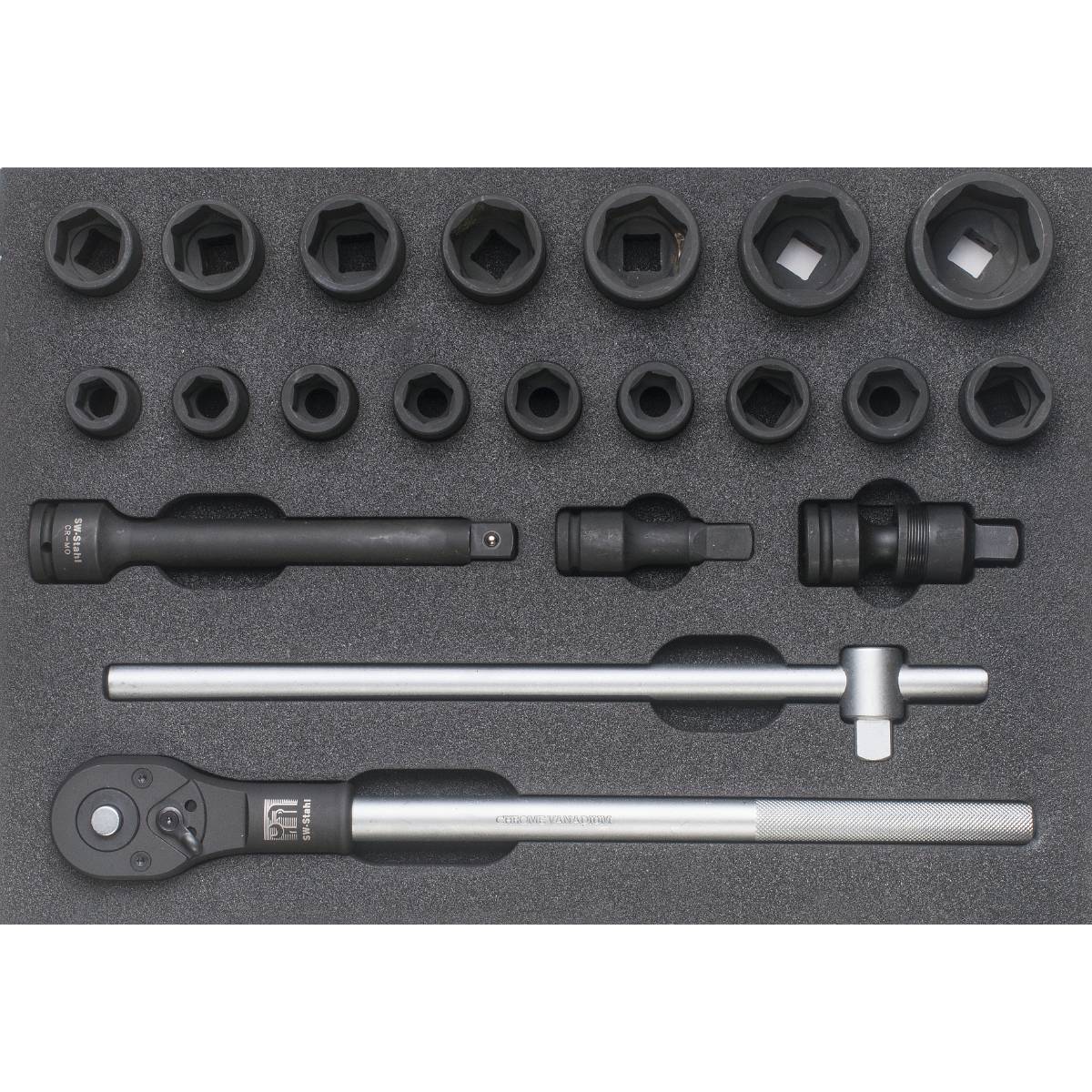 SW-Stahl Werkstattwagensortiment, IMPACT-Steckschlüssel 3/4“, mit Ratsche, 21-teilig