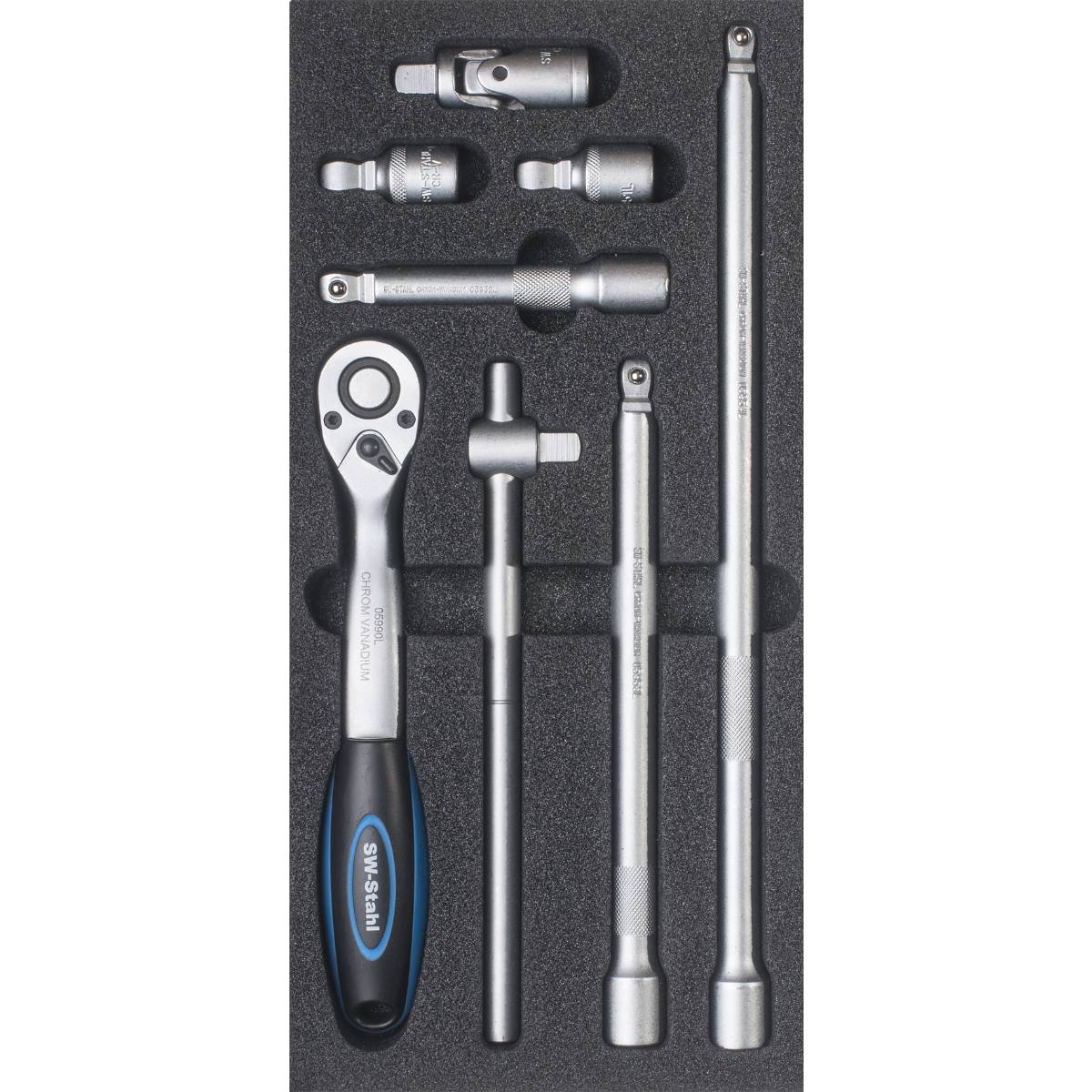 SW-Stahl Werkstattwagensortiment, Ratsche 1/2" mit Verlängerungen, 8-teilig