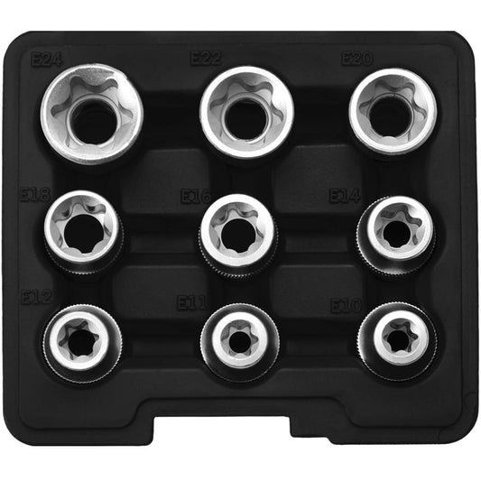 SW-Stahl Steckschlüsseleinsätze, 1/2", E-Profil, E10-E24, 9-teilig