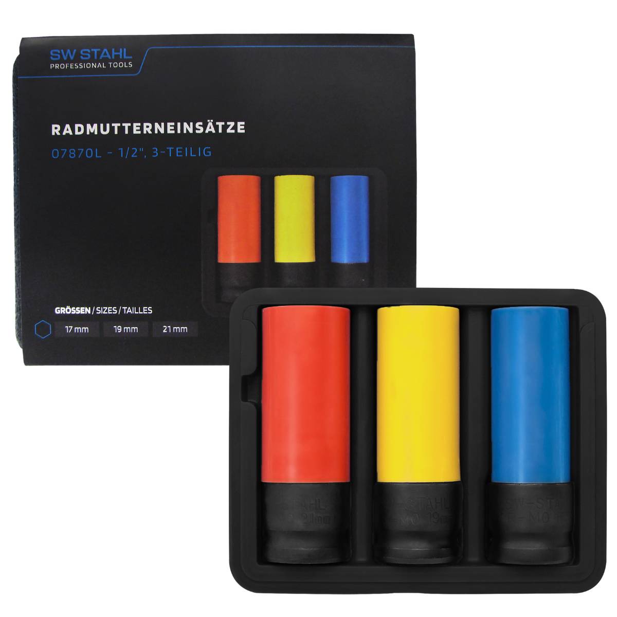 SW-Stahl Radmutterneinsätze, 1/2", 17, 19, 21 mm, 3-teilig