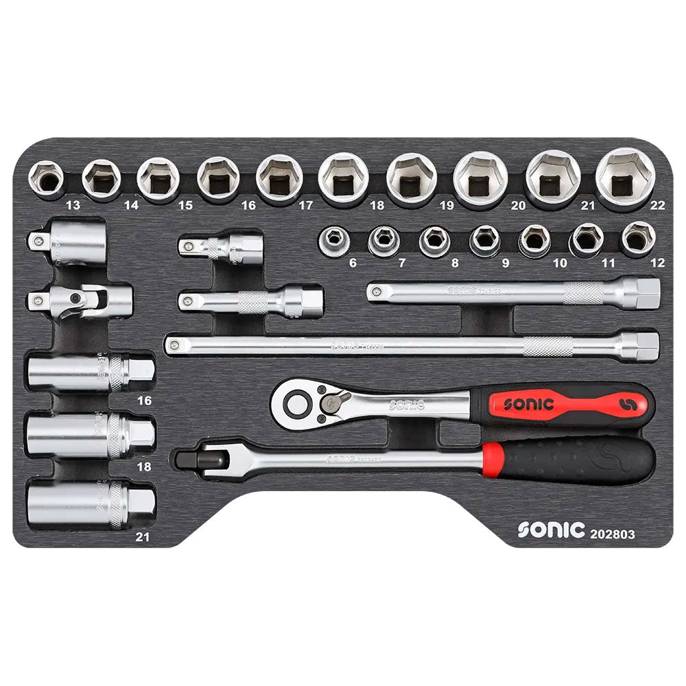 Sonic BMCS Blasformkoffer mit 3/8 Nuss-Satz mit Ratsche, 28-teilig