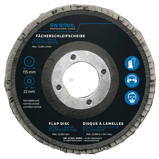 SW-Stahl Fächerschleifscheibe, Aluminiumoxid, 115 mm, NK40, 10 Stück