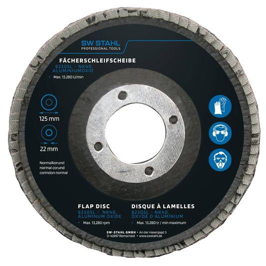 SW-Stahl Fächerschleifscheibe, Aluminiumoxid, 125 mm, NK40, 10 Stück