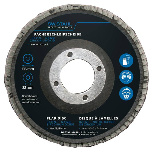 SW-Stahl Fächerschleifscheibe, Zirkoniumoxid, 115 mm, NK120, 10 Stück