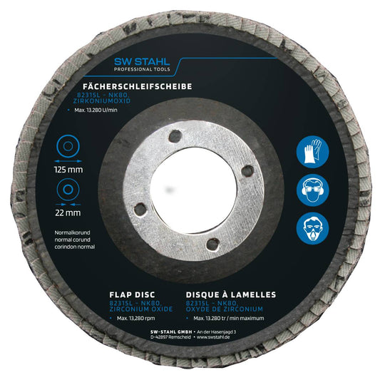 SW-Stahl Fächerschleifscheibe, Zirkoniumoxid, 125 mm, NK80, 10 Stück