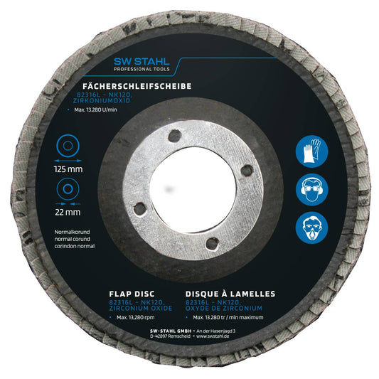 SW-Stahl Fächerschleifscheibe, Zirkoniumoxid, 125 mm, NK120, 10 Stück