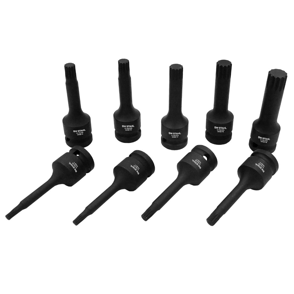 SW-Stahl IMPACT-Schraubendreheinsätze, 1/2", Innenvielzahn, M4-M16, 9-teilig