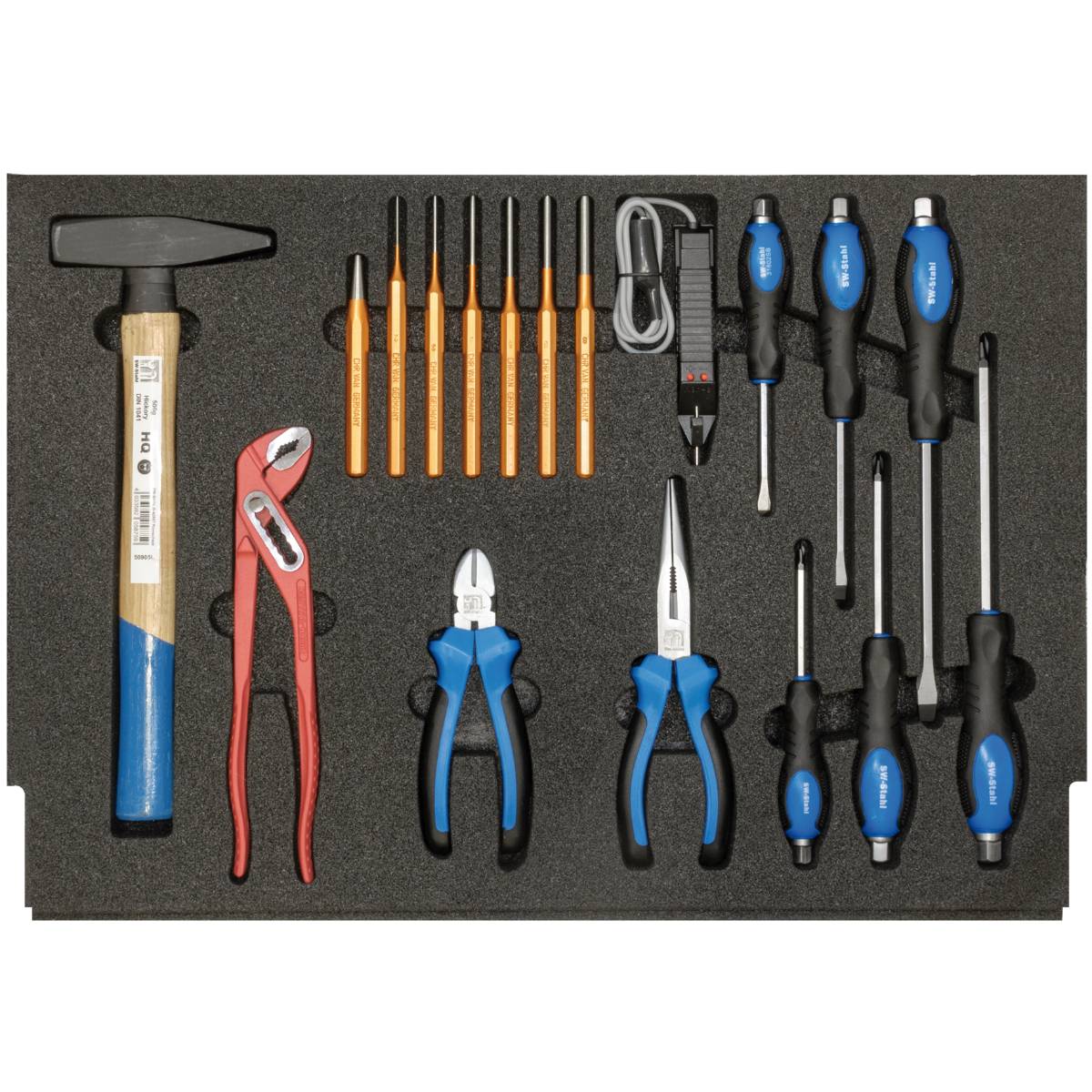 SW-Stahl Werkstattwagensortiment, Hammer, Zangen, Schraubendreher, 18-teilig