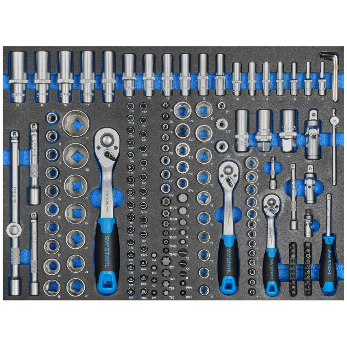 SW-Stahl Werkstattwagensortiment, Steckschlüssel 1/4“, 3/8“, 1/2“, mit Ratschen, 171-teilig