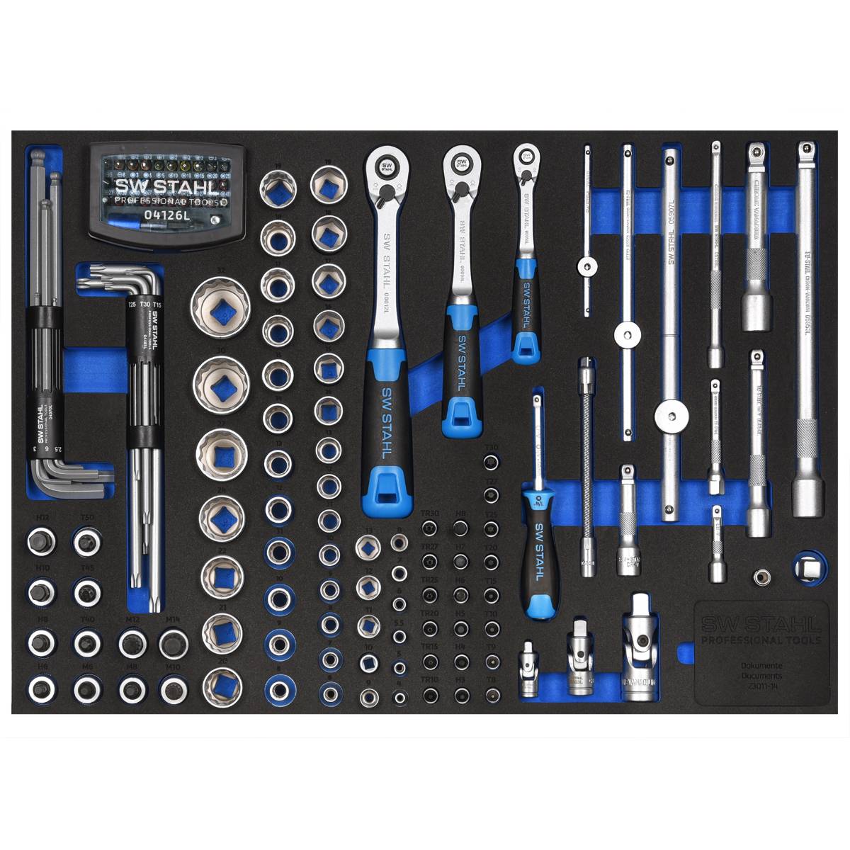 SW-Stahl Werkstattwagensortiment, Steckschlüssel 1/4“, 3/8“, 1/2“, mit Ratschen, 144-teilig