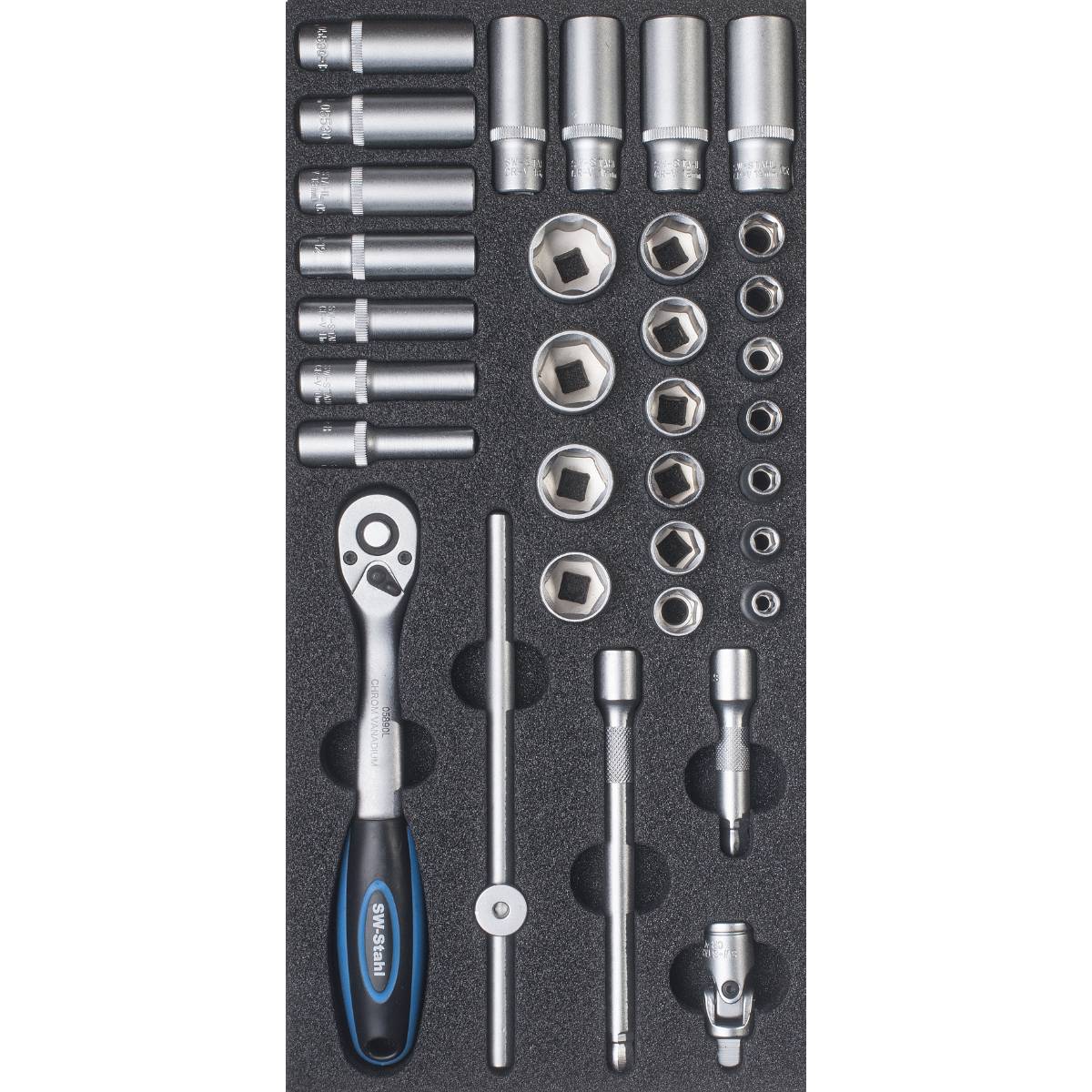 SW-Stahl Werkstattwagensortiment, Steckschlüssel 3/8“, mit Ratsche, 33-teilig