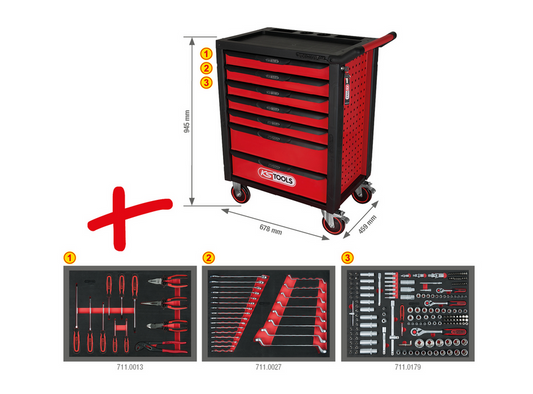 KS Tools RACINGline SCHWARZ/ROT Werkstattwagen mit 7 Schubladen und 215 Premium-Werkzeugen
